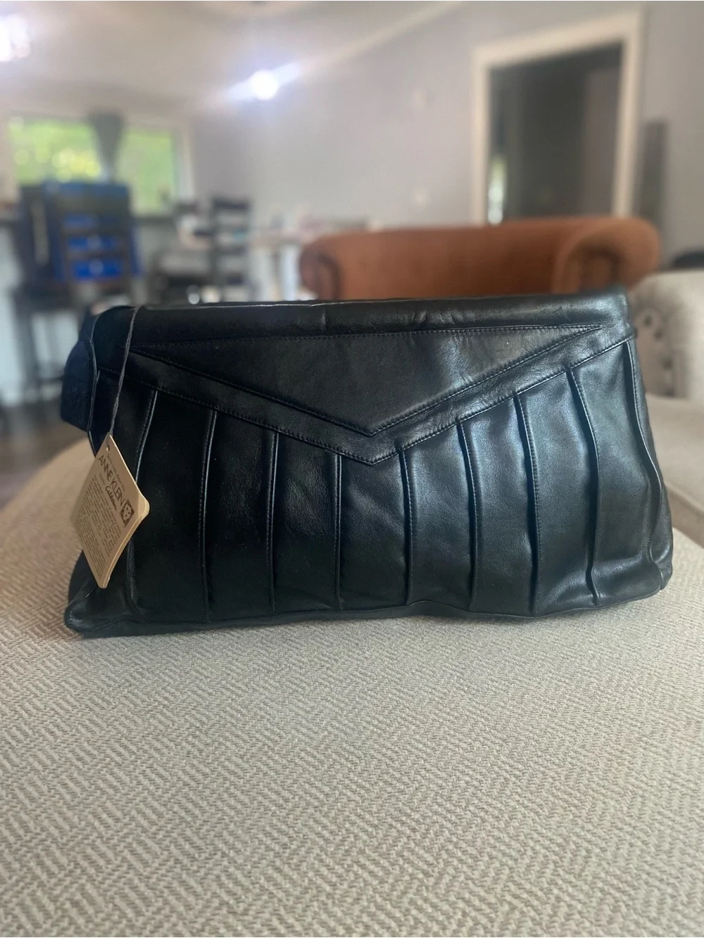 Anne Klein Black Pleated Leather Fold-Over Clutch